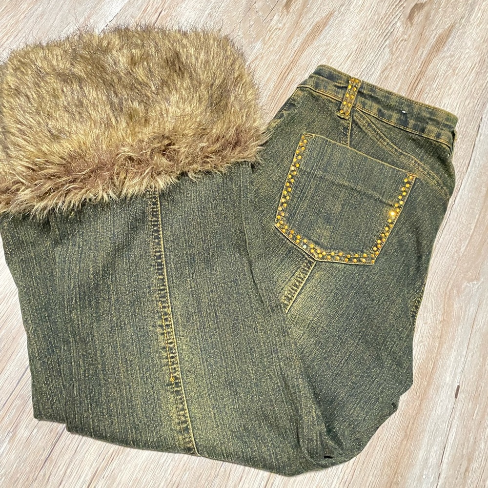 PlatinumPlush fur bottoms with rhinestones on the pockets + belt loops, size 15